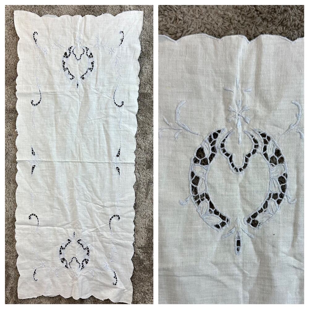 Vintage Antique Handmade Embroider Cutout Table Linen Runner Cover Doily